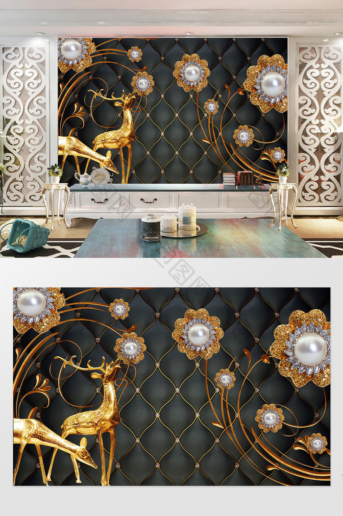 奢华金色麋鹿金色花卉花枝珠宝背景墙图片图片