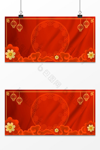 中国红灯笼祥云剪纸新年除夕展板背景图图片