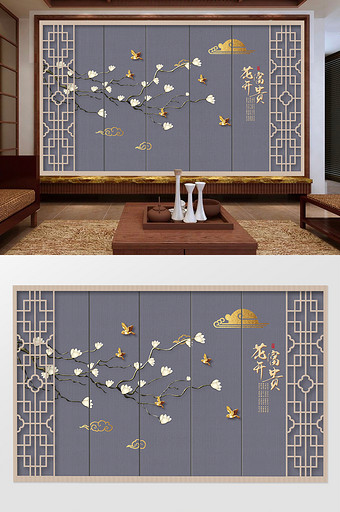中式窗栏花开富贵客厅装饰背景墙图片