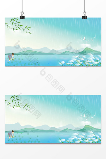 农民农田插秧二十四节气雨水背景图片