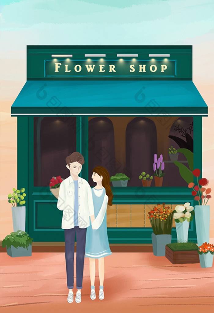 唯美情人节情侣花店门口手绘插画图片