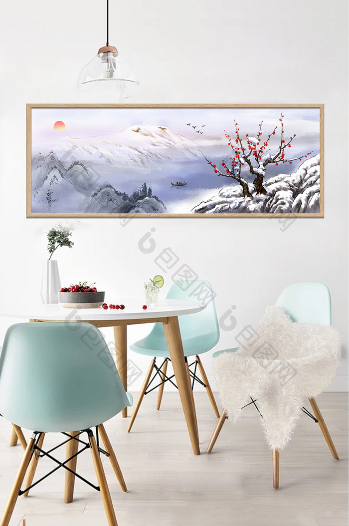 中式水墨山水风景梅花唯美客厅装饰画图片图片