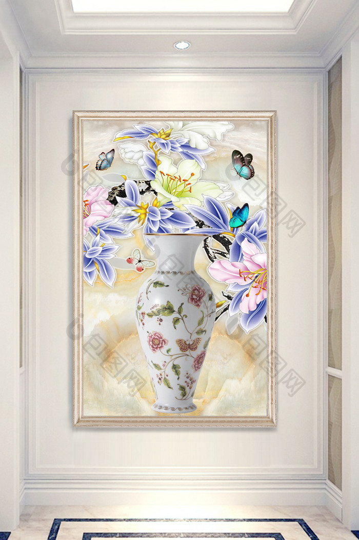 现代大理石立体花瓶玉兰花蝴蝶玄关装饰画图片图片