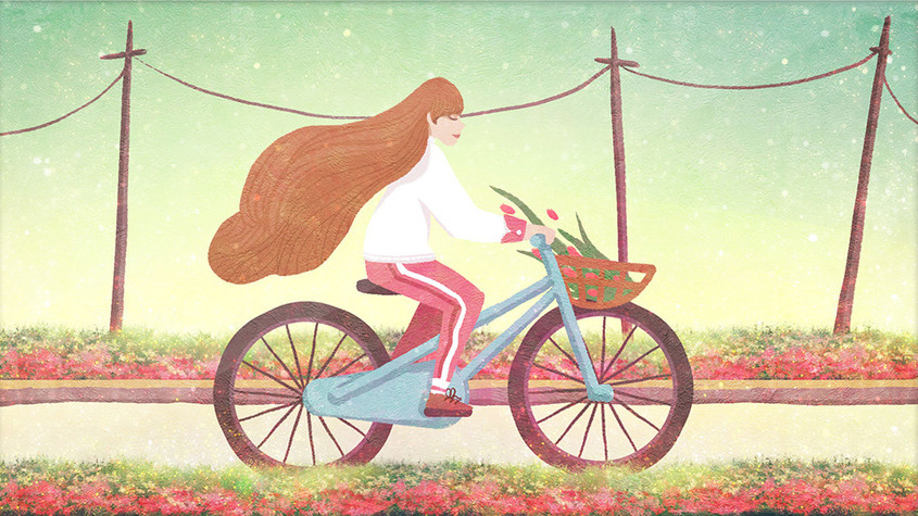 骑自行车春游gif动态唯美插画图片