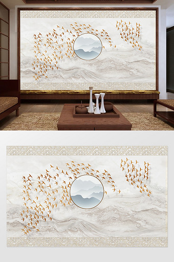 中式飞鸟山水风景背景墙图片