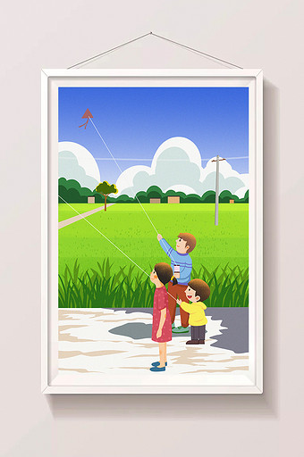 二月你好童年放风筝卡通清新插画图片