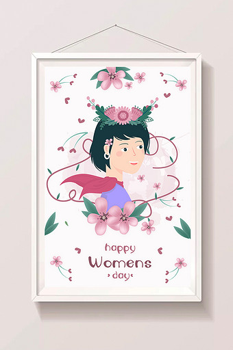 卡通38妇女节女生节女神花卉海报插画图片