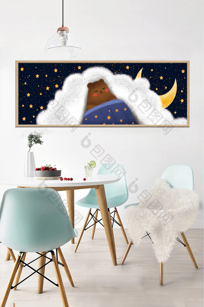 手绘夜晚星空下的小熊风景儿童房卧室装饰画图片图片