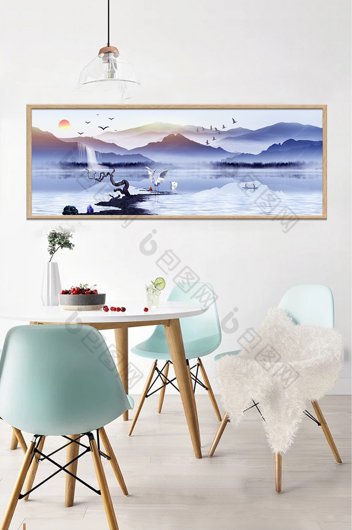 中式水墨山水风景仙鹤飞鸟客厅装饰画图片图片