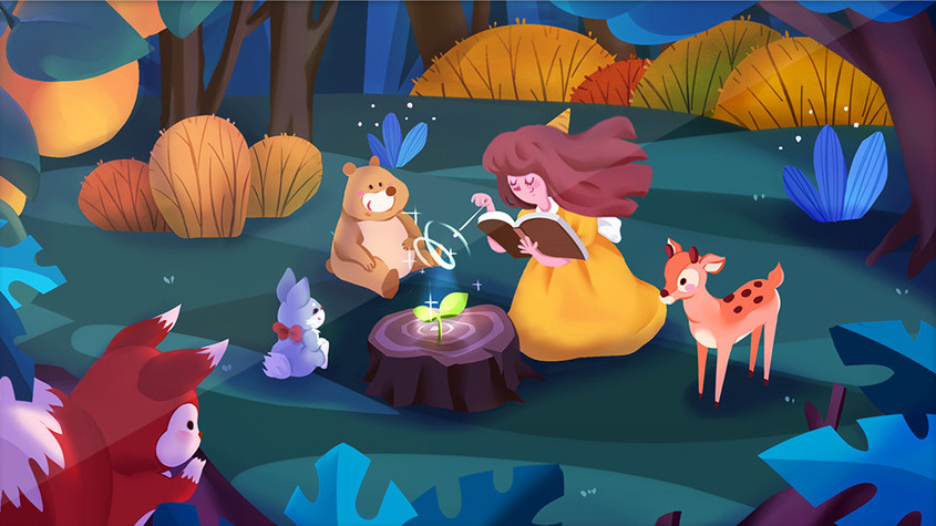 GIF森林动物童话治愈动态插画图片