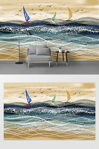 现代手绘大海帆船风景油画背景墙图片