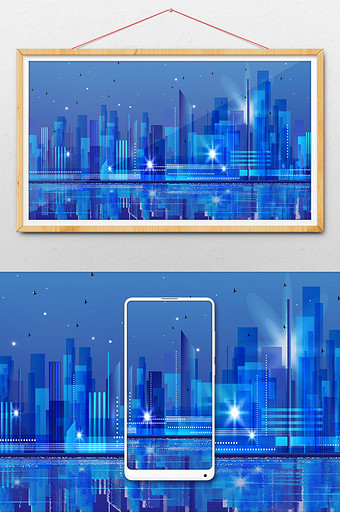 蓝色印象派城市风光建筑插画图片