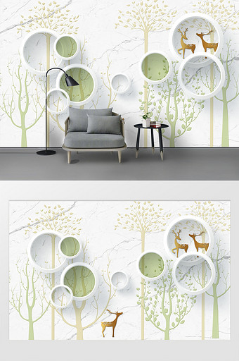 现代时尚3D立体圆圈抽象树金色麋鹿背景墙图片