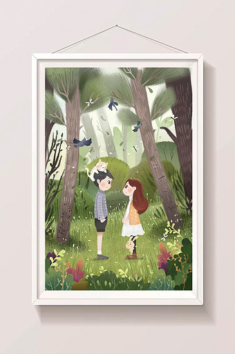 绿色可爱人物爱情森林插画图片