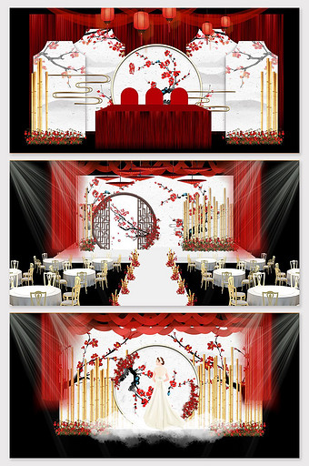新中式水墨风梅花红色婚礼效果图图片