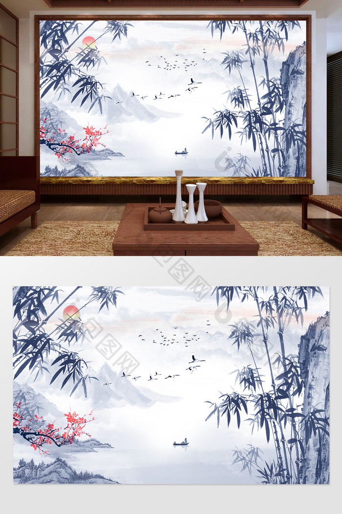 中式水墨山水竹子梅花风景客厅背景墙图片图片