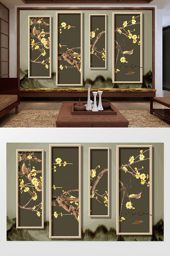 新中式家和富贵水墨竹子玉兰花鸟电视背景墙图片
