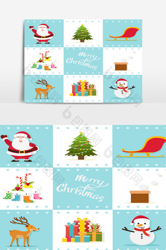 圣诞和新年装饰背景与袜子礼物圣诞老人雪人和圣诞树图片
