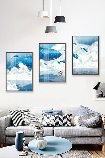 手绘云层鲸鱼划船风景儿童房卧室晶磁装饰画图片