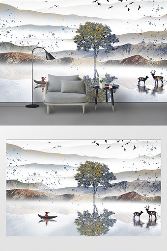 新中式水墨山水画客厅背景装饰画图片