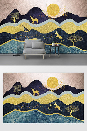 北欧金色抽象鹿风景画背景墙图片