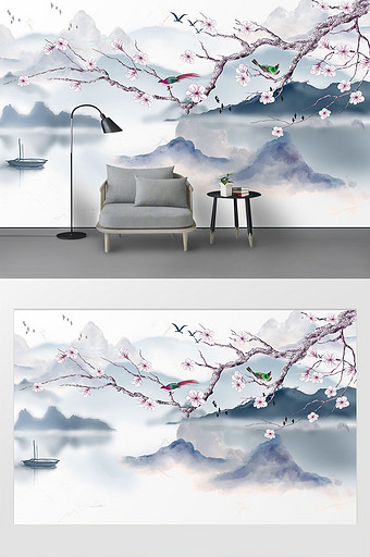 新中式抽象水墨梅花花鸟背景墙图片