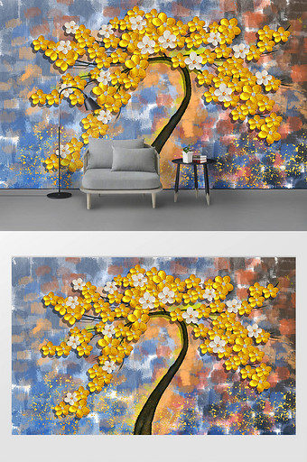 现代黄金抽象发财树油画背景墙图片