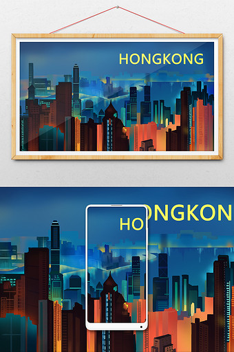 卡通扁平城市风光香港夜景城市插画图片