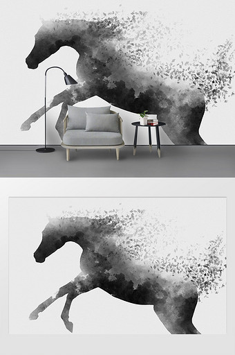 手绘水墨动物马简约碎片化创意电视背景墙图片