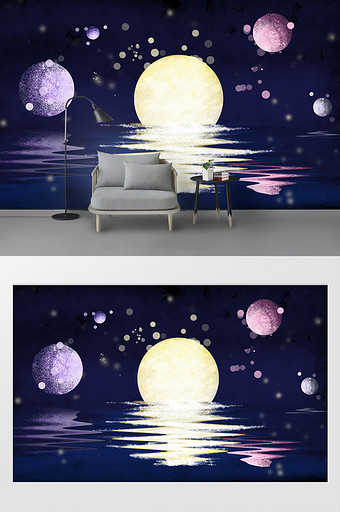 手绘梦幻夜景星球月亮儿童房电视背景墙图片