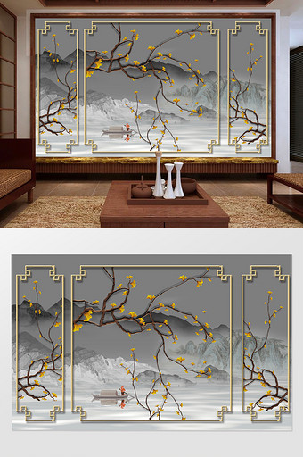 中式扇形花卉山水背景墙图片