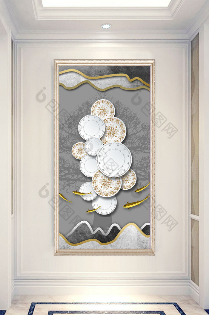 中式时尚大气抽象树盘子金色鲤鱼灰色玄关图片图片