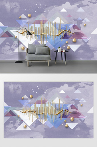 现代个性涂鸦几何图形金色线珍珠紫色背景墙图片