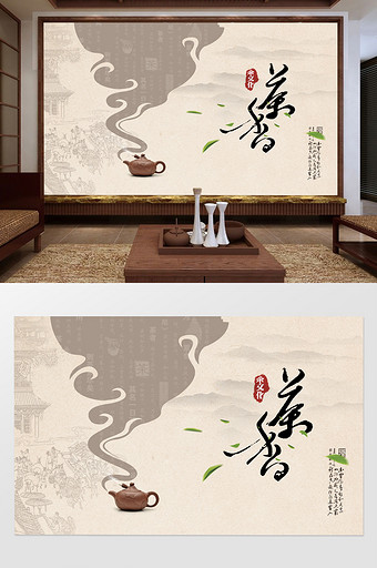 中式复古米色亚麻布茶道茶叶店背景墙图片