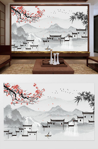 中式意境大气徽派古建筑梅花竹子瀑布背景墙图片