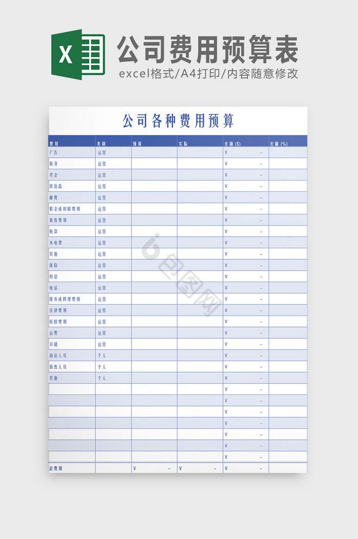 公司各种费用预算表Excel模板