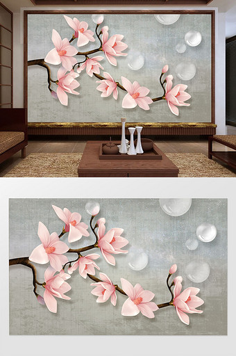 中式简洁大气粉色玉兰花树枝水滴灰色背景墙图片