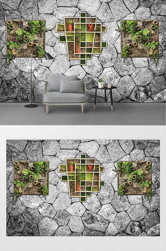 现代简约石砖墙装饰3d立体背景墙壁画图片