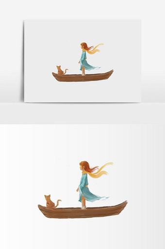 唯美船上的小女孩与猫手绘插画素材图片