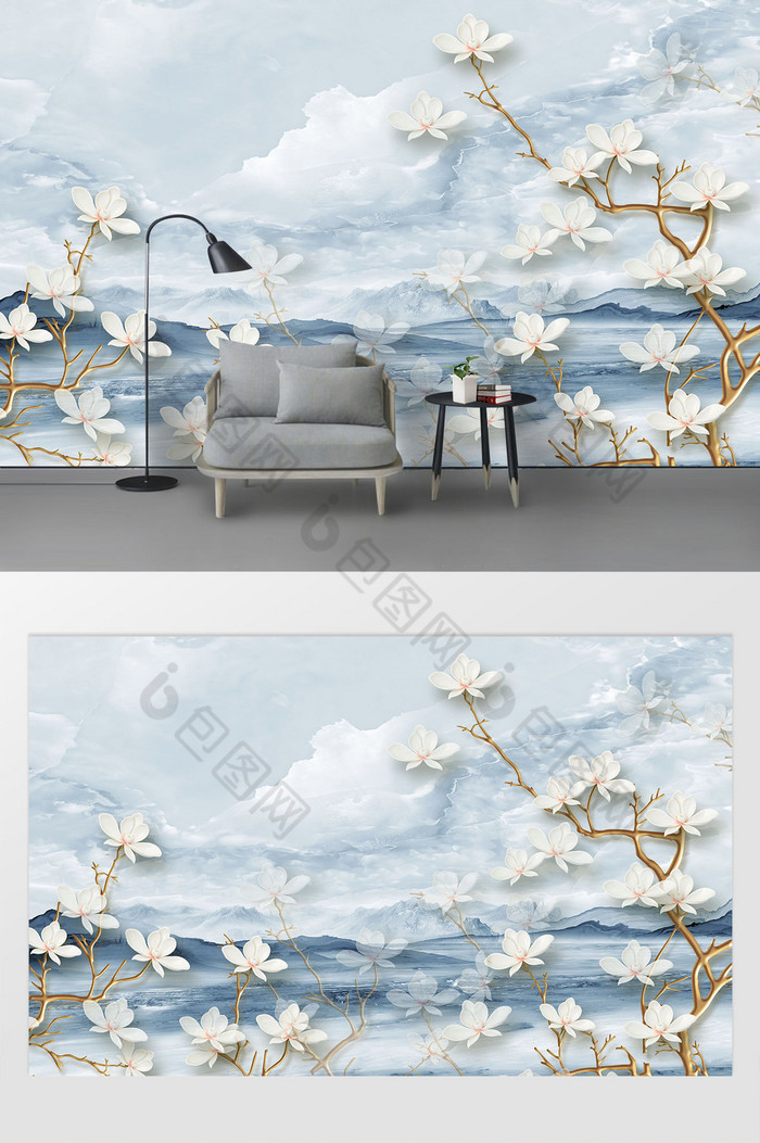 清新大海花枝浮雕背景墙蓝色简约图片