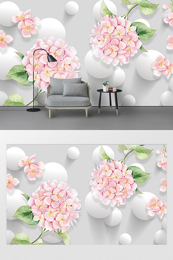 现代3d绣球花卧室背景墙图片