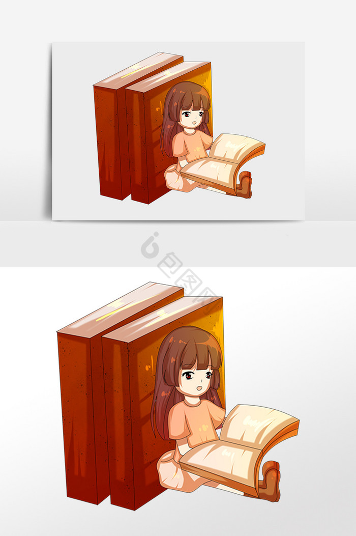 女孩靠书看书插画