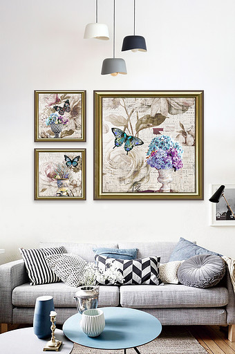 欧式复古花卉蝴蝶装饰画图片