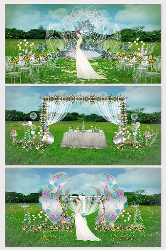 唯美时尚鲜花铁艺造型草坪婚礼效果图图片