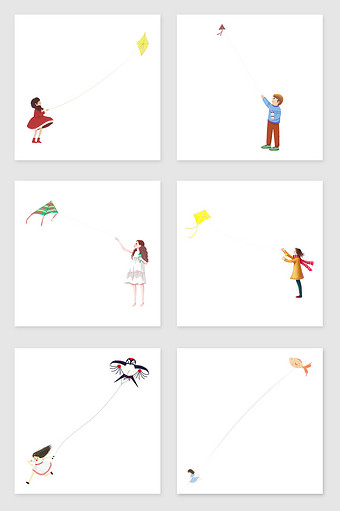 手绘放风筝的孩子套图插画元素图片