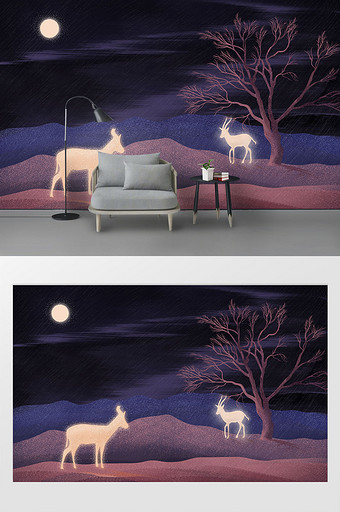 手绘插画夜景羊树木电视背景墙图片