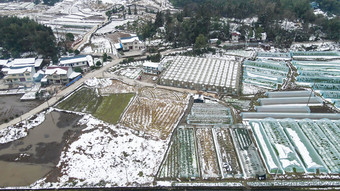 航拍农业大棚冬天雪景