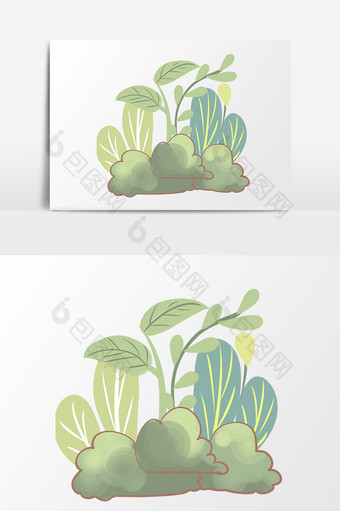 手绘卡通小清新蓝色绿色植物元素图片