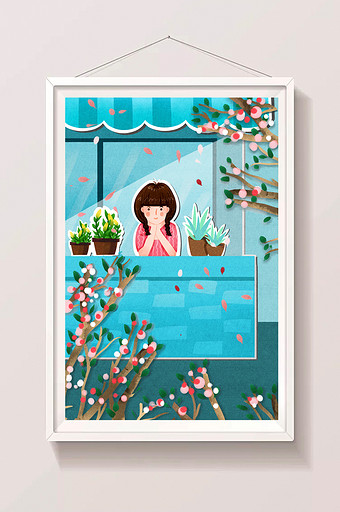 剪纸风格节气春分女孩在阳台赏花插画图片
