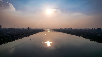 湖南湘潭湘江湘潭大桥日落晚霞夕阳航拍